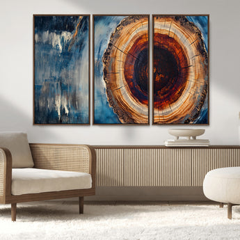 48045-MGV-CV-36X24-Tree Ring Abstract Wall Art – Rustic Wood Grain Canvas Print with Brown Center and Blue Brush Strokes, Nature Inspired Artwork for