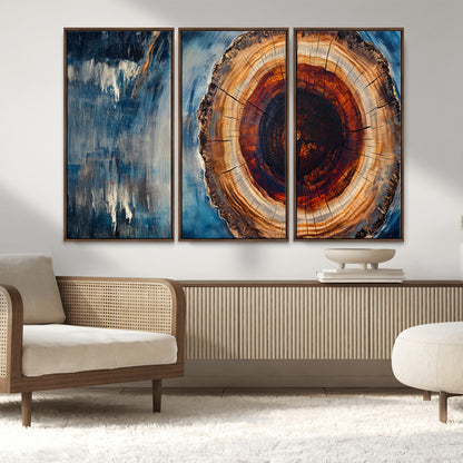 48045-MGV-CV-36X24-Tree Ring Abstract Wall Art – Rustic Wood Grain Canvas Print with Brown Center and Blue Brush Strokes, Nature Inspired Artwork for