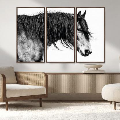 57694-MGV-CV-36X24-Horse Portrait Wall Art – Black and White Canvas Print with Detailed Stallion Profile, Rustic Farmhouse Equestrian Artwork for