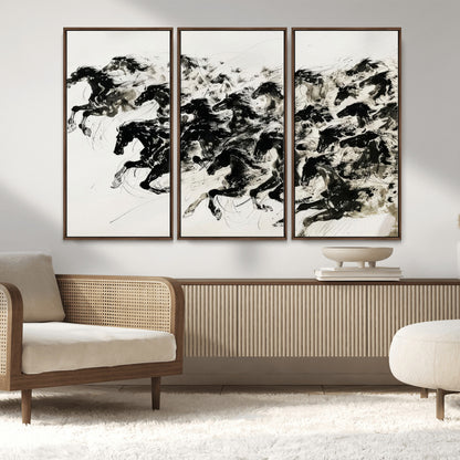 23069-MGV-FC-48X32-3P_Walnut-Galloping Horses Wall Art – Black Ink Painting on Canvas, Dynamic Equestrian Artwork with Running Stallions, Expressive Modern