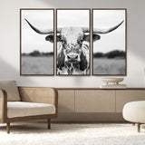 20272-MGV-CV-36X24-Highland Cow Wall Art – Black and White Western Longhorn Canvas Print, Farmhouse Living Room Decor Southwestern Animal Artwork for
