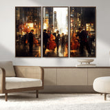 58782-MGV-FC-48X32-3P_Walnut-Jazz Musicians Cityscape Wall Art – Vibrant Urban Night Canvas Print, Elegant Music Themed Decor for Living Room, Office, or Music