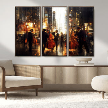 58782-MGV-FC-48X32-3P_Walnut-Jazz Musicians Cityscape Wall Art – Vibrant Urban Night Canvas Print, Elegant Music Themed Decor for Living Room, Office, or Music
