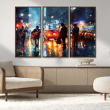 94605-MGV-FC-48X32-3P_Walnut-City Jazz Night Wall Art – Vibrant Music Canvas Print Featuring Saxophone, Guitar and Bass Players, Urban Street Scene Artwork for