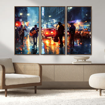 94605-MGV-FC-48X32-3P_Walnut-City Jazz Night Wall Art – Vibrant Music Canvas Print Featuring Saxophone, Guitar and Bass Players, Urban Street Scene Artwork for