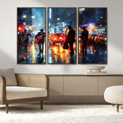 94605-MGV-FC-48X32-3P_Walnut-City Jazz Night Wall Art – Vibrant Music Canvas Print Featuring Saxophone, Guitar and Bass Players, Urban Street Scene Artwork for