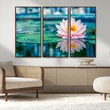65933-MGV-FC-48X32-3P_Walnut-Pink Water Lily Wall Art – Lotus Flower Canvas Print with Reflection on Calm Water, Peaceful Botanical Artwork for Living Room,