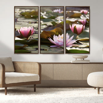 72218-MGV-CV-36X24-Water Lily Pond Wall Art – Pink Lotus Flowers Canvas Print with Green Lily Pads, Peaceful Botanical Artwork for Living Room,
