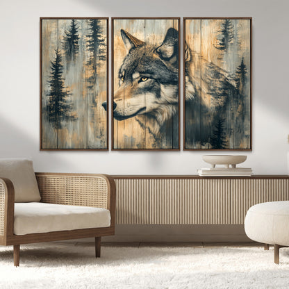 51892-MGV-FC-48X32-3P_Walnut-Wolf Wall Art – Rustic Canvas Print of Wolf with Forest Trees on Wood Texture, Wildlife Lodge Artwork for Living Room, Bedroom,