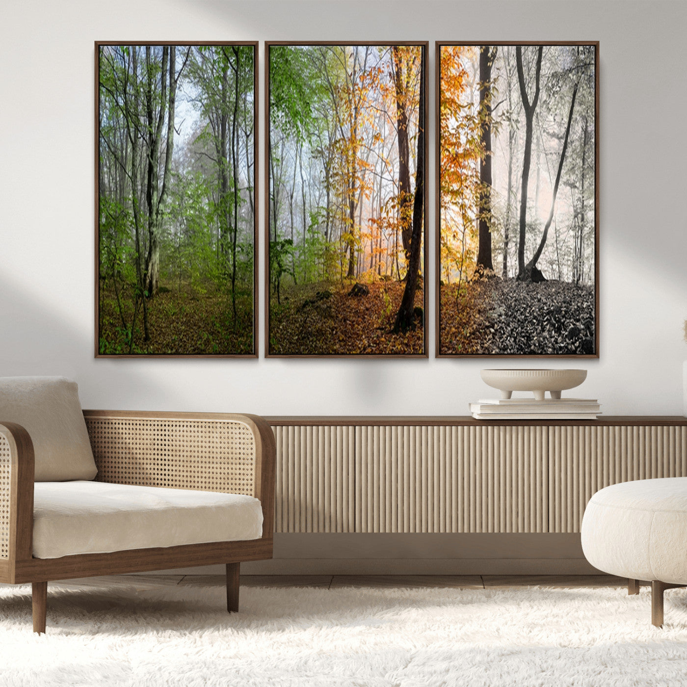95317-MGV-FC-48X32-3P_Walnut-Four Seasons Forest Wall Art – Panoramic Nature Canvas Print Showing Spring, Summer, Autumn and Winter Landscape for Living Room,