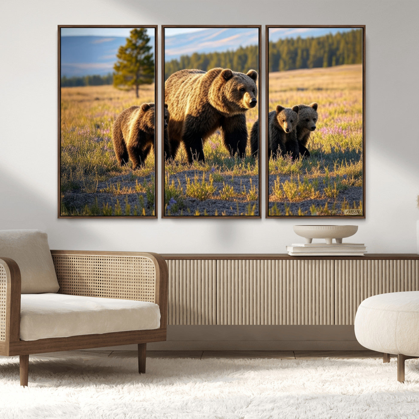 43400-MGV-FC-48X32-3P_Walnut-Bear Family Wall Art – Wildlife Canvas Print of Mother Bear with Cubs in Sunlit Meadow, Rustic Animal Artwork for Living Room,