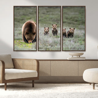 40555-MGV-CV-36X24-Bear Family Wall Art – Wildlife Canvas Print of Mother Bear with Four Cubs in Nature, Rustic Animal Artwork for Living Room,