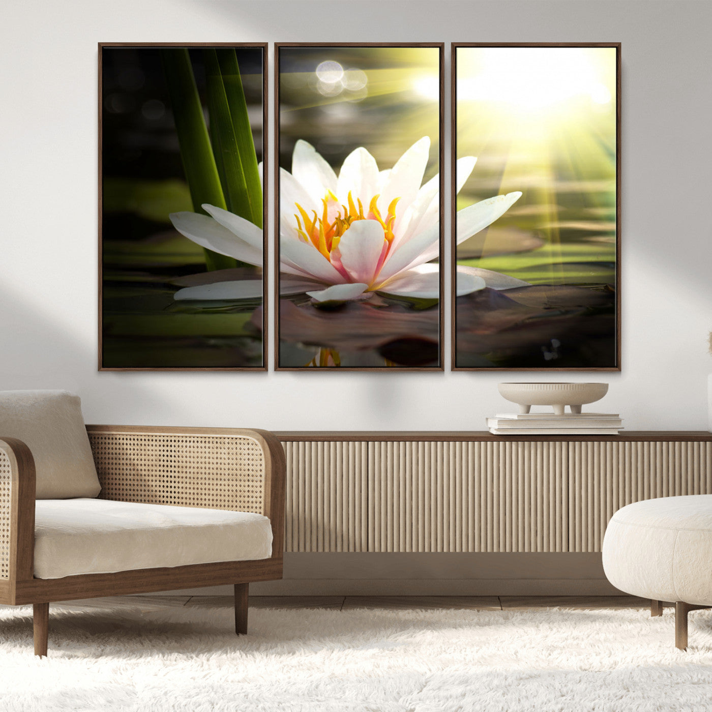 60352-MGV-CV-36X24-White Water Lily Wall Art – Lotus Flower Canvas Print with Sunlight Reflection, Peaceful Botanical Artwork for Living Room,