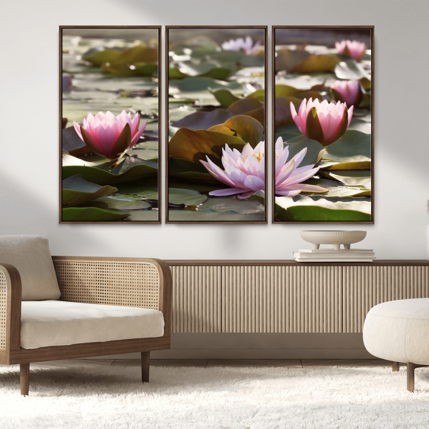 28394-MGV-FC-48X32-3P_Walnut-Water Lily Pond Wall Art – Pink Lotus Flowers Canvas Print with Green Lily Pads, Peaceful Botanical Artwork for Living Room,