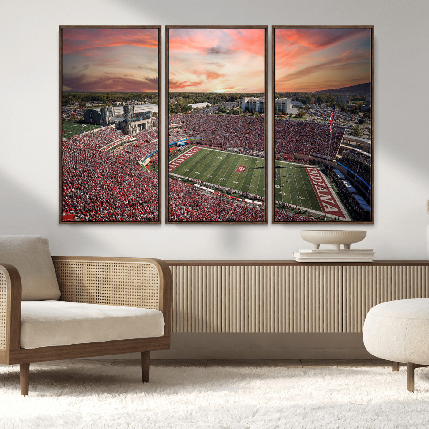 51135-MGV-CV-36X24-Indiana Hoosiers Stadium Wall Art – Panoramic Football Canvas Print with Game Day Crowd and Sunset Sky, Sports Artwork for Man