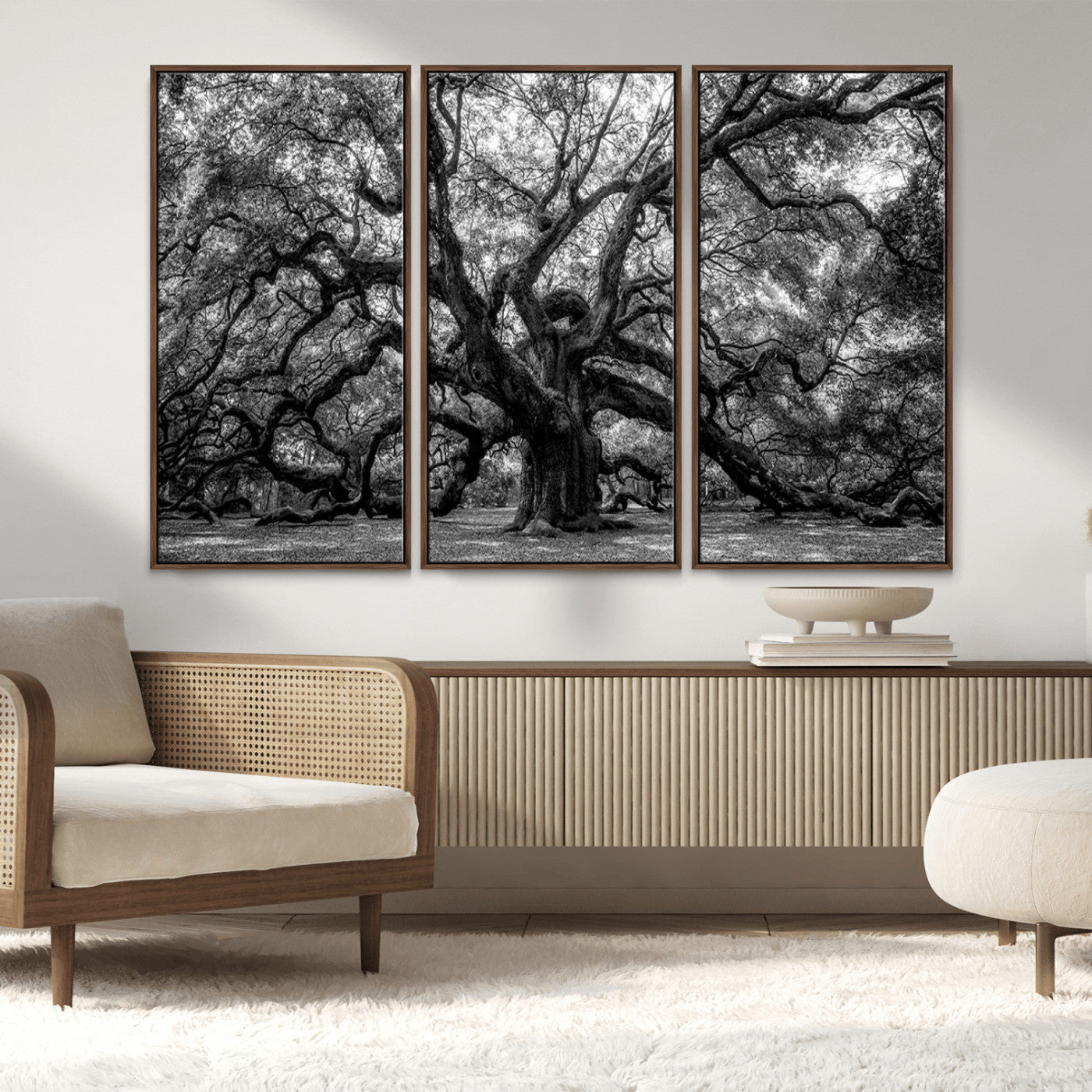 132944706-MGV-FC-48X32-3P_Walnut-Ancient Tree Wall Art – Black and White Photography Canvas Print Featuring Majestic Twisting Branches, Rustic Nature Artwork for