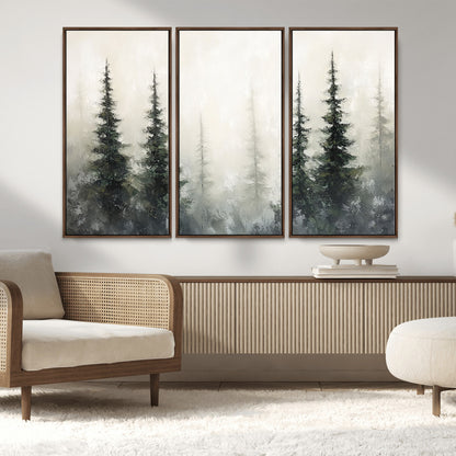 33241-MGV-FC-48X32-3P_Walnut-Misty Forest Wall Art Canvas Print, Framed Foggy Pines Art Picture Print, Forest Haze Perfect Rustic Minimalist Decor Artwork