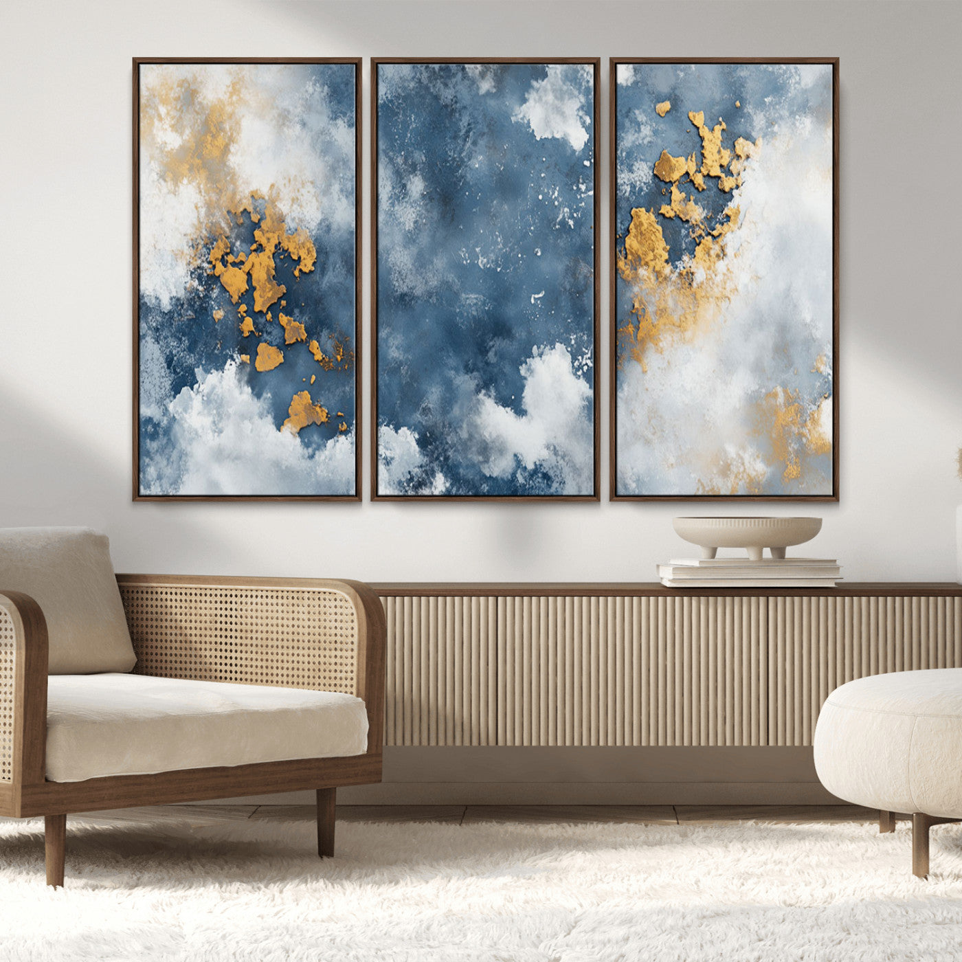 39575-MGV-CV-36X24-Blue and Gold Abstract Wall Art – Modern Canvas Print Featuring Cloudy Textures with Metallic Accents, Contemporary Artwork for