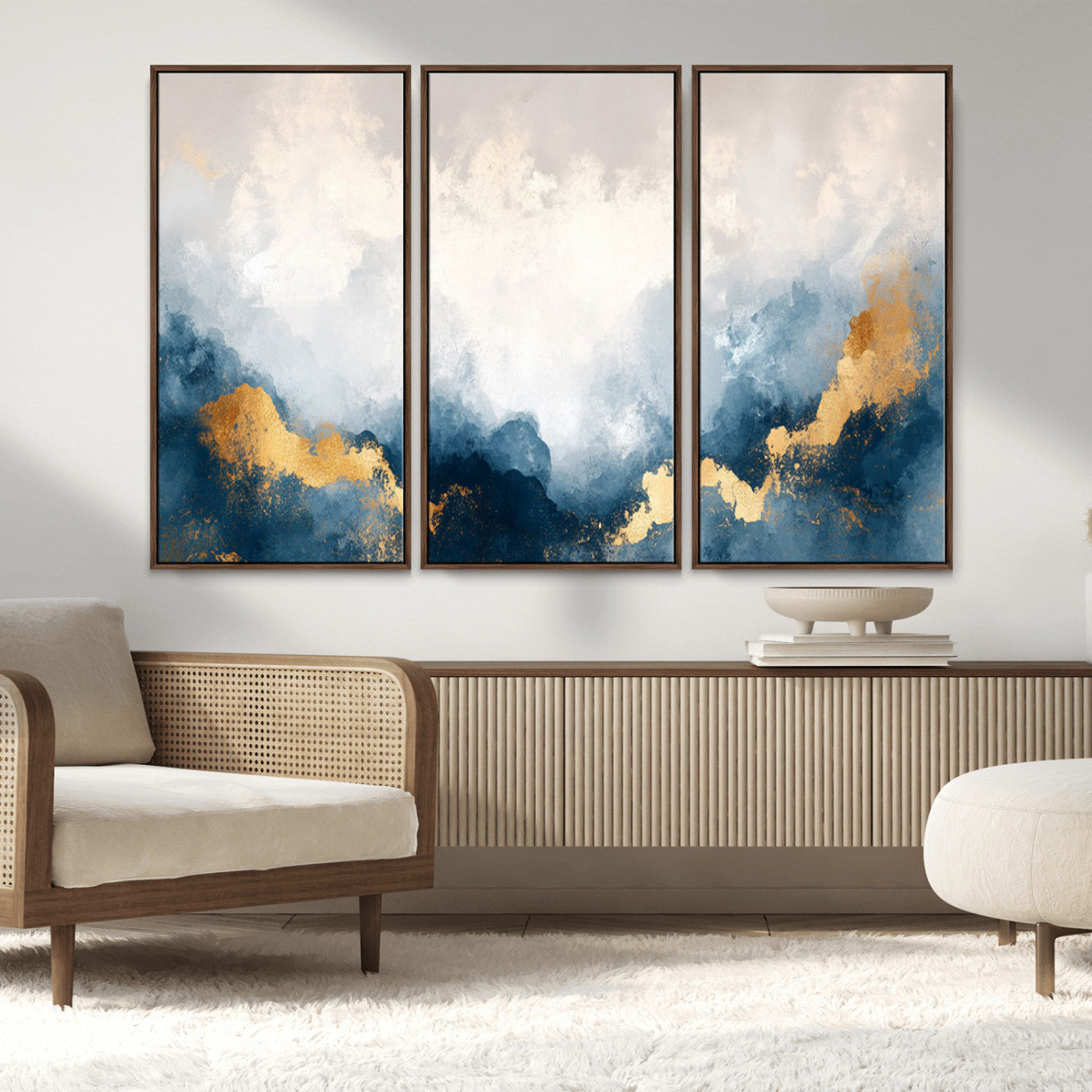 14578-MGV-CV-36X24-Abstract Wall Art – Modern Canvas Print Featuring Blue and White Clouds with Golden Accents, Contemporary Elegant Artwork for