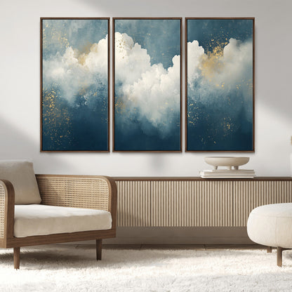 75131-MGV-CV-36X24-Abstract Cloud Wall Art – Modern Canvas Print Featuring Blue and White Clouds with Golden Accents, Contemporary Artwork for Living
