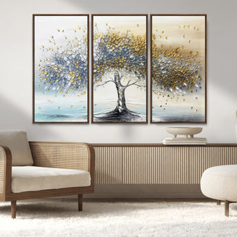 24771-MGV-FC-48X32-3P_Walnut-Silver Tree Wall Art Canvas Print, Framed Golden Leaves Art Picture Print, Metallic Tree Perfect Minimalist Luxury Decor Artwork