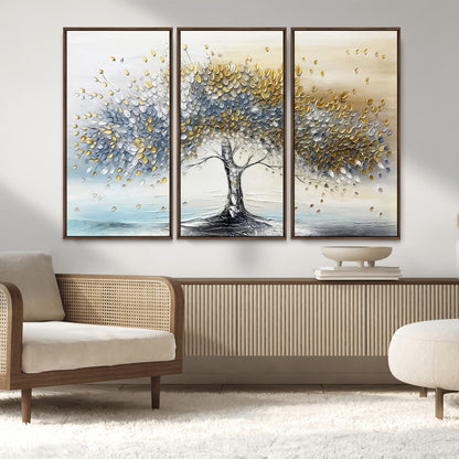 24771-MGV-FC-48X32-3P_Walnut-Silver Tree Wall Art Canvas Print, Framed Golden Leaves Art Picture Print, Metallic Tree Perfect Minimalist Luxury Decor Artwork