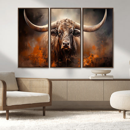 240479-MGV-FC-48X32-3P_Walnut-Longhorn Bull Wall Art – Dramatic Western Canvas Print Featuring Horned Bull with Fiery Background, Rustic Farmhouse Artwork for