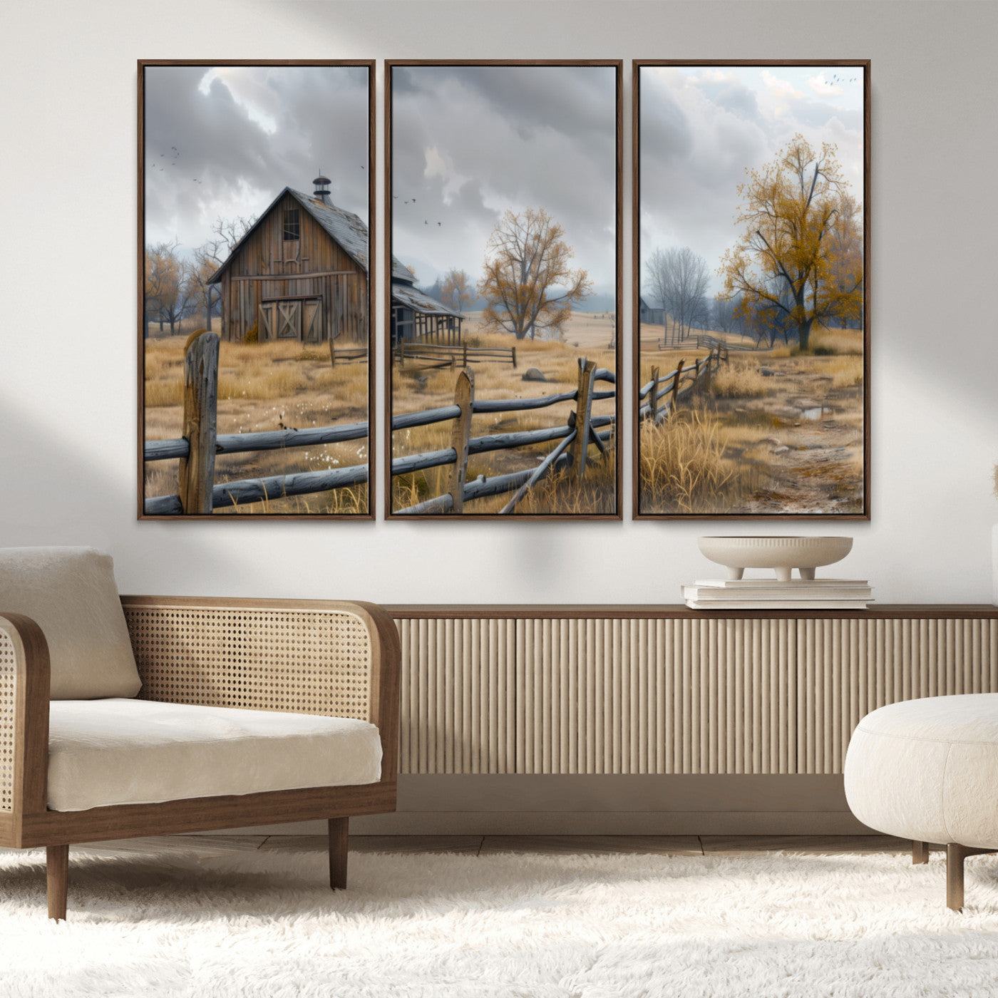 Farm1-MGV-CV-36X24-Rustic Autumn Farmhouse Wall Art – Serene Countryside Scene Canvas Print, Weathered Barn and Autumn Trees Decor for Living Room,
