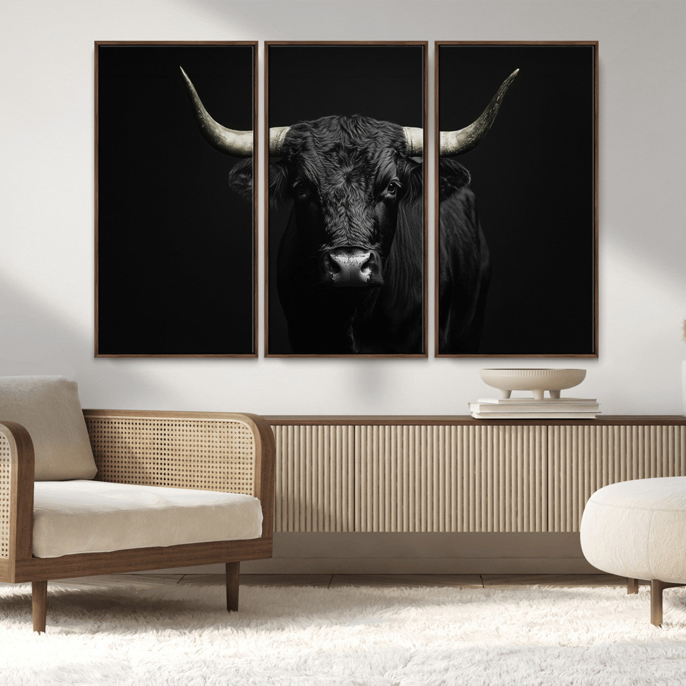 97914921-MGV-FC-48X32-3P_Walnut-Black Bull Wall Art Canvas Print, Framed Longhorn Bull Art Picture Print, Western Bull Perfect Monochrome Western Decor Artwork