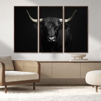 97914921-MGV-FC-48X32-3P_Walnut-Black Bull Wall Art Canvas Print, Framed Longhorn Bull Art Picture Print, Western Bull Perfect Monochrome Western Decor Artwork
