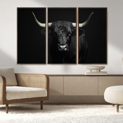 97914921-MGV-FC-48X32-3P_Walnut-Black Bull Wall Art Canvas Print, Framed Longhorn Bull Art Picture Print, Western Bull Perfect Monochrome Western Decor Artwork