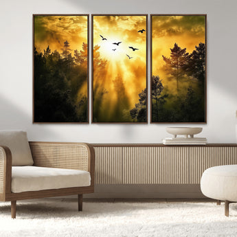 13776802-MGV-CV-36X24-Golden Forest Wall Art Canvas Print, Framed Sunset Pines Art Picture Print, Flying Birds Perfect Nature Glow Decor Artwork