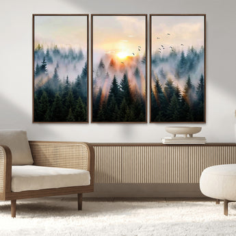 56391411-MGV-FC-48X32-3P_Walnut-Misty Forest Wall Art Canvas Print, Framed Sunrise Pines Art Picture Print, Moody Pines Perfect Serene Woodland Decor Artwork