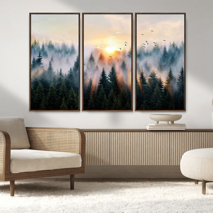 56391411-MGV-FC-48X32-3P_Walnut-Misty Forest Wall Art Canvas Print, Framed Sunrise Pines Art Picture Print, Moody Pines Perfect Serene Woodland Decor Artwork