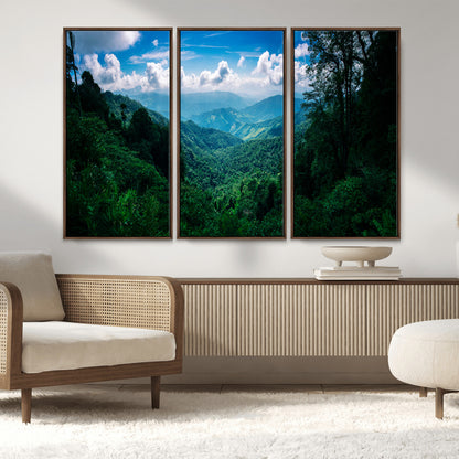 74439378-MGV-FC-48X32-3P_Walnut-Tropical Jungle Wall Art Canvas Print, Framed Lush Valley Art Picture Print, Forest Mountains Perfect Tropical Wilderness Decor