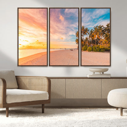 41542880-MGV-FC-48X32-3P_Walnut-Tropical Beach Wall Art Canvas Print, Framed Palm Trees Art Picture Print, Sunset Shore Perfect Tropical Coastal Decor Artwork
