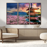 32331262-MGV-FC-48X32-3P_Walnut-Mount Fuji Japan Wall Art – Cherry Blossom Landscape Canvas Print, Chureito Pagoda Sunset Photography, Japanese Nature Travel