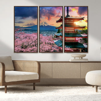 32331262-MGV-FC-48X32-3P_Walnut-Mount Fuji Japan Wall Art – Cherry Blossom Landscape Canvas Print, Chureito Pagoda Sunset Photography, Japanese Nature Travel