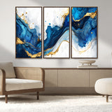 33506371-MGV-CV-36X24-Blue Marble Wall Art Canvas Print, Framed Gold Splash Art Picture Print, Abstract Wave Perfect Modern Luxe Decor Artwork