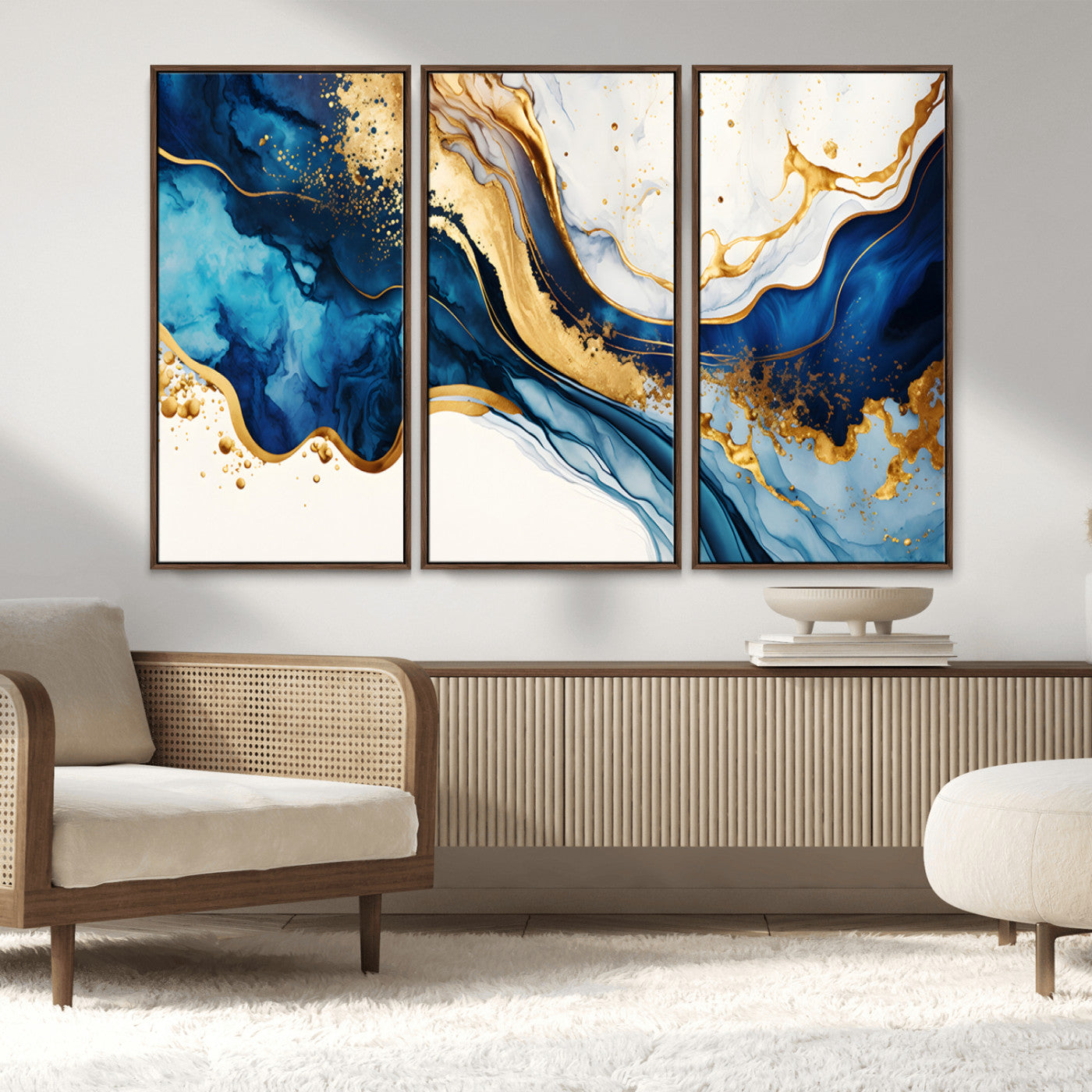 60283636-MGV-FC-48X32-3P_Walnut-Blue Gold Flow Wall Art Canvas Print, Framed Marble Texture Art Picture Print, Elegant Splash Perfect Elegant Abstract Decor