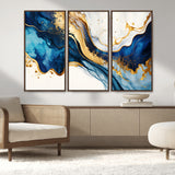 60283636-MGV-FC-48X32-3P_Walnut-Blue Gold Flow Wall Art Canvas Print, Framed Marble Texture Art Picture Print, Elegant Splash Perfect Elegant Abstract Decor