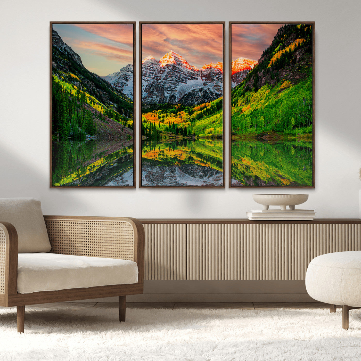 59533484-MGV-CV-36X24-Maroon Bells Autumn Wall Art – Panoramic Mountain Landscape Canvas Print, Sunset Reflection Nature Artwork for Living Room, Office