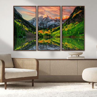 59533484-MGV-CV-36X24-Maroon Bells Autumn Wall Art – Panoramic Mountain Landscape Canvas Print, Sunset Reflection Nature Artwork for Living Room, Office