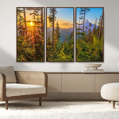 83544043-MGV-FC-48X32-3P_Walnut-Forest Sunset Wall Art Canvas Print, Framed Sunset Trees Art Picture Print, Green Pines Perfect Rustic Nature Decor Artwork