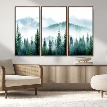 16716676-MGV-FC-48X32-3P_Walnut-Pine Forest Wall Art Canvas Print, Framed Misty Mountains Art Picture Print, Foggy Trees Perfect Moody Forest Decor Artwork