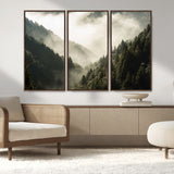 57570237-MGV-CV-36X24-Misty Valley Wall Art Canvas Print, Framed Foggy Forest Art Picture Print, Pine Trees Perfect Moody Woodland Decor Artwork