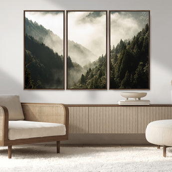 57570237-MGV-CV-36X24-Misty Valley Wall Art Canvas Print, Framed Foggy Forest Art Picture Print, Pine Trees Perfect Moody Woodland Decor Artwork