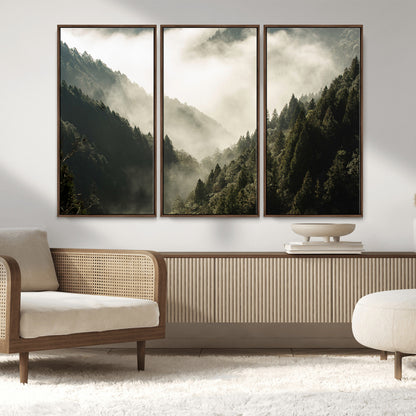 57570237-MGV-CV-36X24-Misty Valley Wall Art Canvas Print, Framed Foggy Forest Art Picture Print, Pine Trees Perfect Moody Woodland Decor Artwork