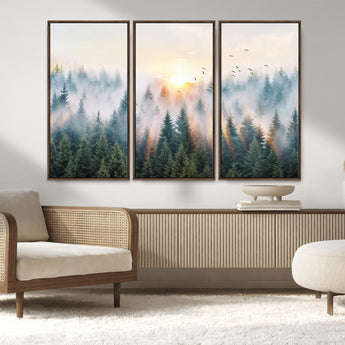 92718976-MGV-CV-36X24-Misty Forest Wall Art Canvas Print, Framed Sunrise Pines Art Picture Print, Foggy Woodland Perfect Moody Woodland Decor Artwork