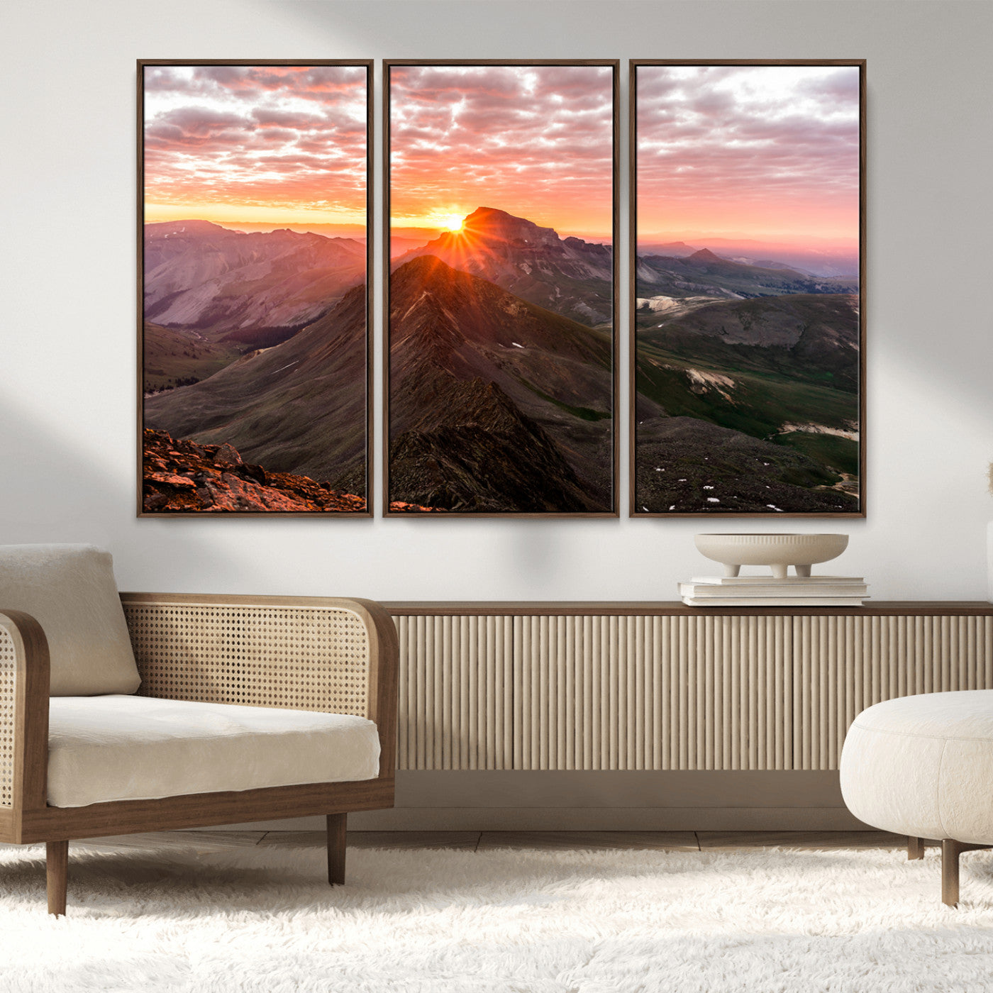 50957419-MGV-FC-48X32-3P_Walnut-Mountain Sunrise Wall Art Canvas Print, Framed Alpine Ridge Art Picture Print, Mountain Range Perfect Vibrant Rustic Decor Artwork